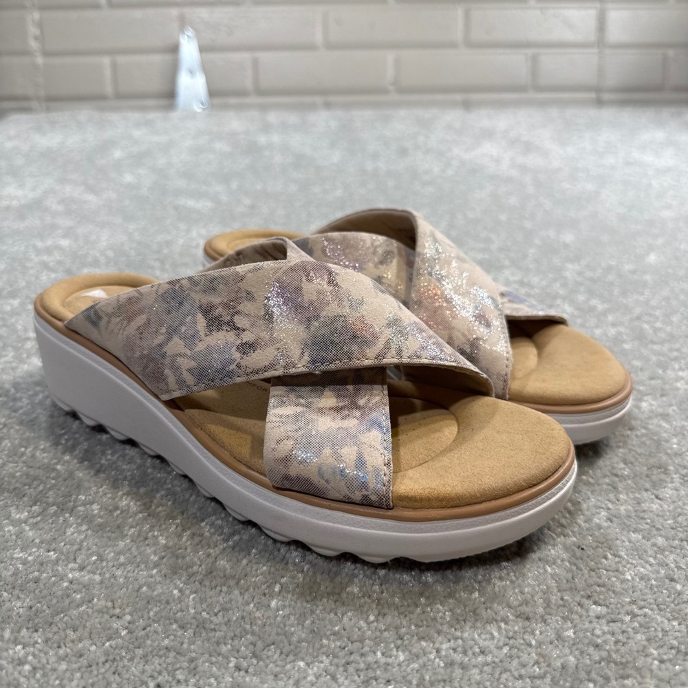 Clarks Jillian Gem Metallic Floral Crisscross Wedge Slide Sandals 6.5 Comfort